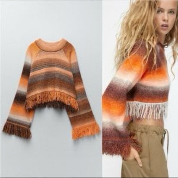 Zara Fringe Striped Cropped Sweater - New - Picture 10 of 16